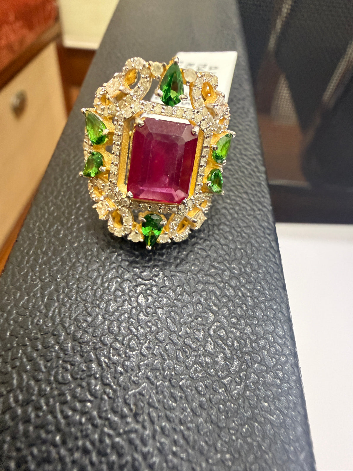 Ruby, Tsavorite Garnet & Diamond Cocktail Ring in Gold-Plated Silver
