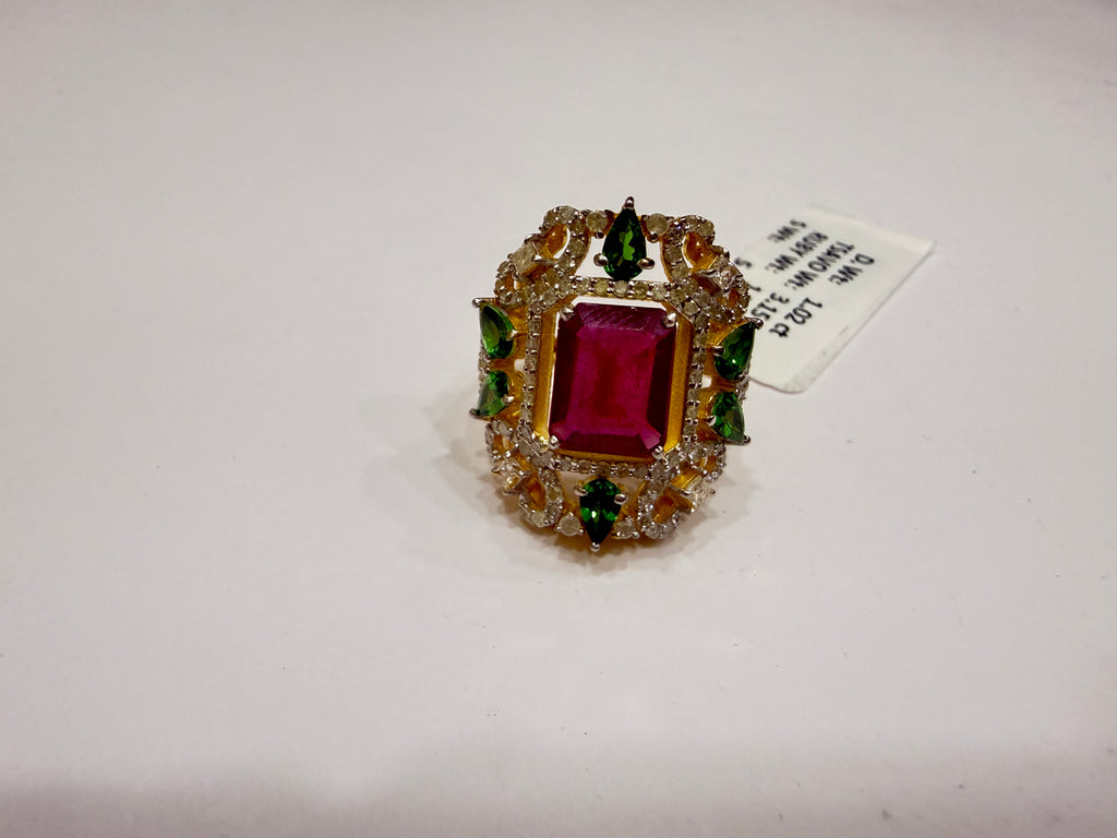 Ruby, Tsavorite Garnet & Diamond Cocktail Ring in Gold-Plated Silver