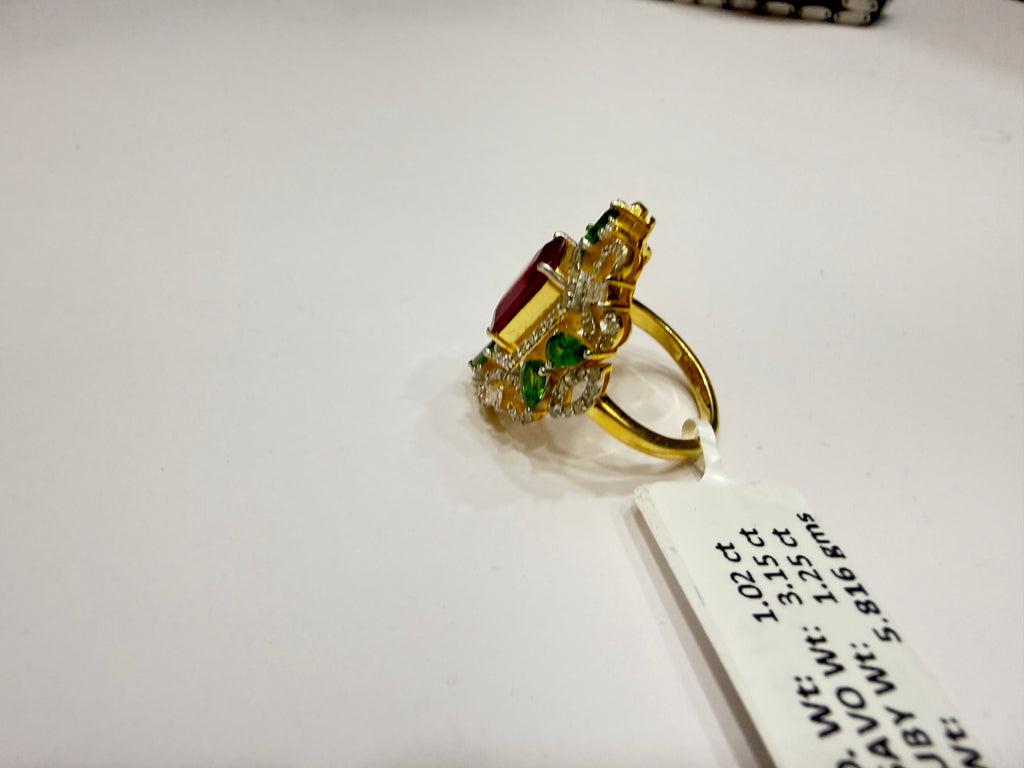 Ruby, Tsavorite Garnet & Diamond Cocktail Ring in Gold-Plated Silver
