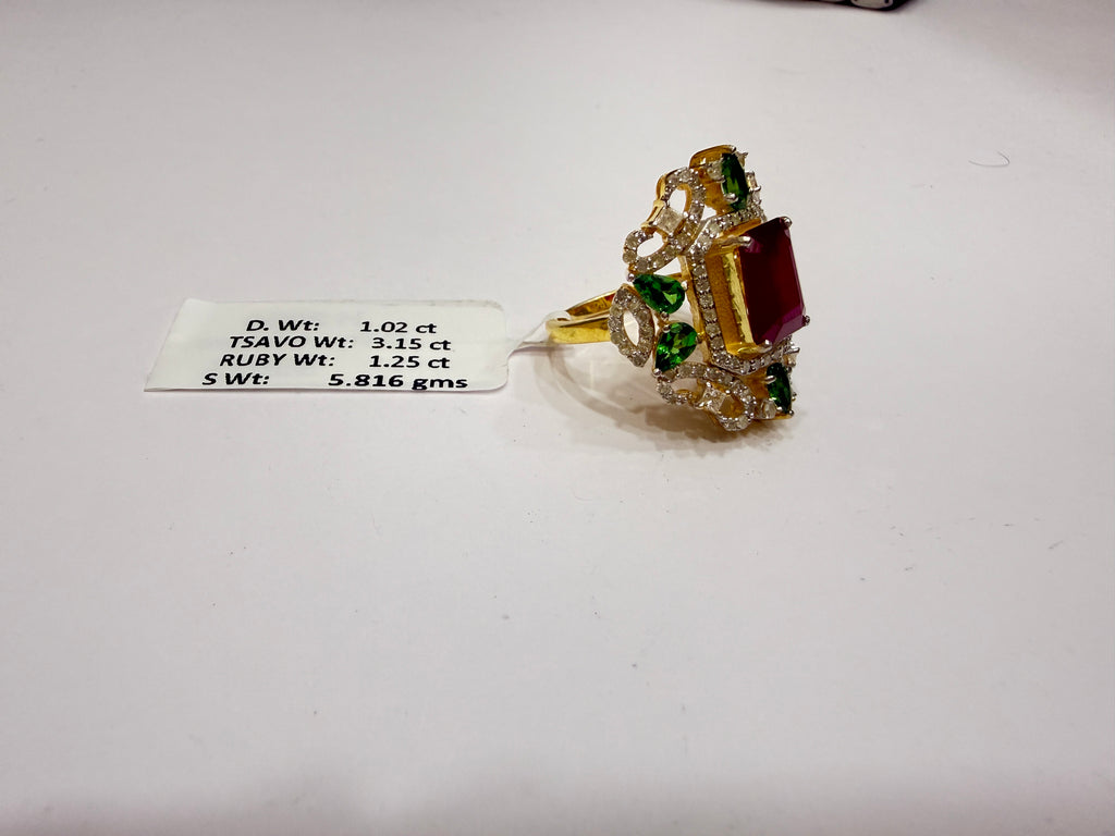 Ruby, Tsavorite Garnet & Diamond Cocktail Ring in Gold-Plated Silver