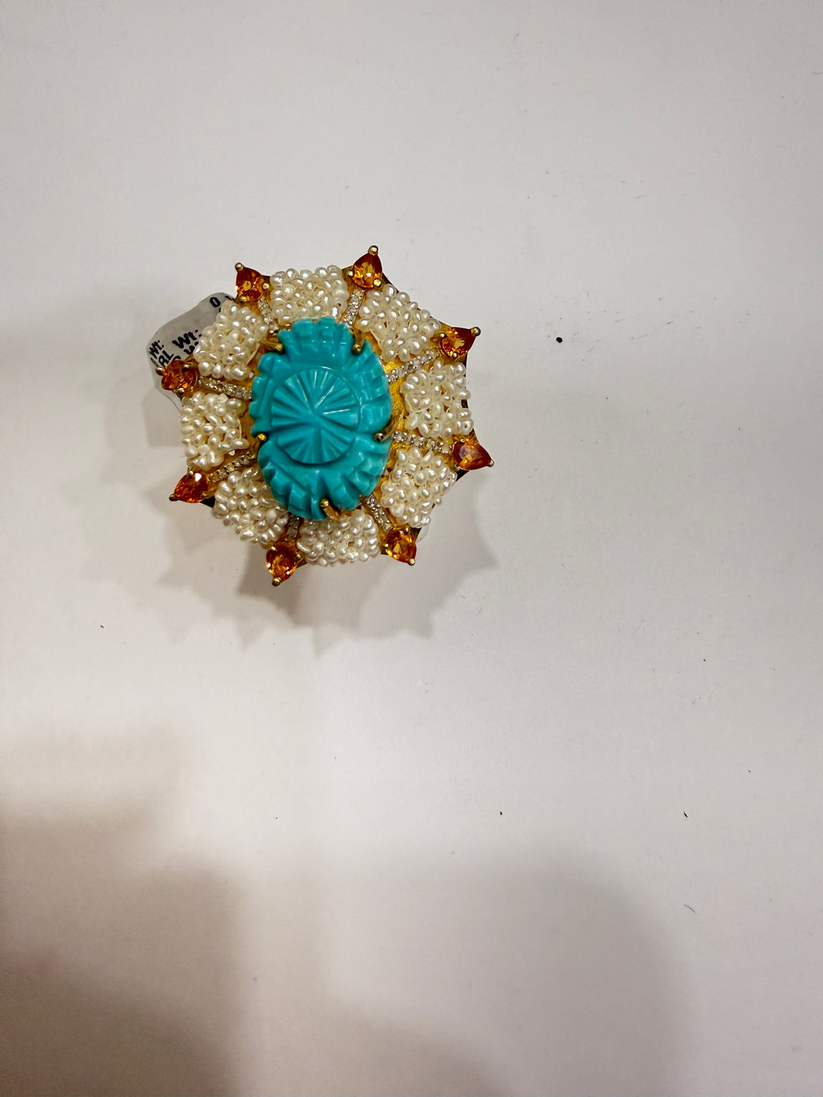 Carved Turquoise, Seed Pearl & Mandarin Garnet Diamond Ring in Gold-Plated Silver