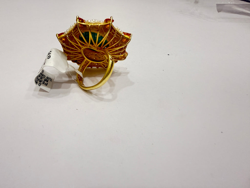 Carved Turquoise, Seed Pearl & Mandarin Garnet Diamond Ring in Gold-Plated Silver