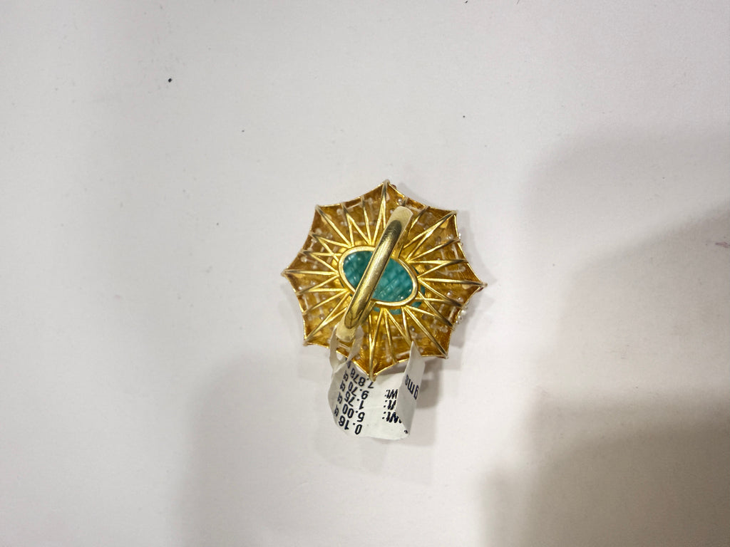Carved Turquoise, Seed Pearl & Mandarin Garnet Diamond Ring in Gold-Plated Silver