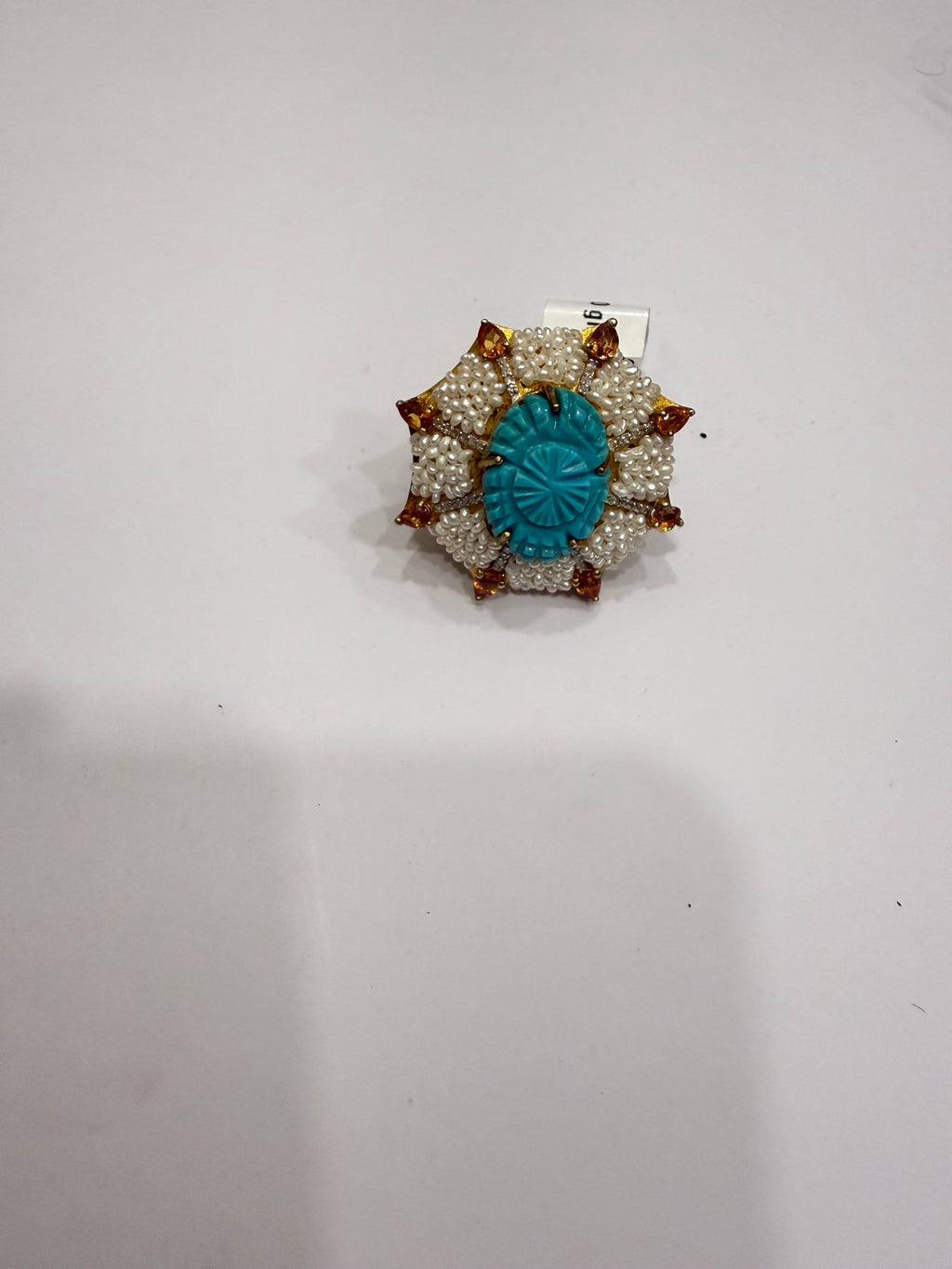 Carved Turquoise, Seed Pearl & Mandarin Garnet Diamond Ring in Gold-Plated Silver