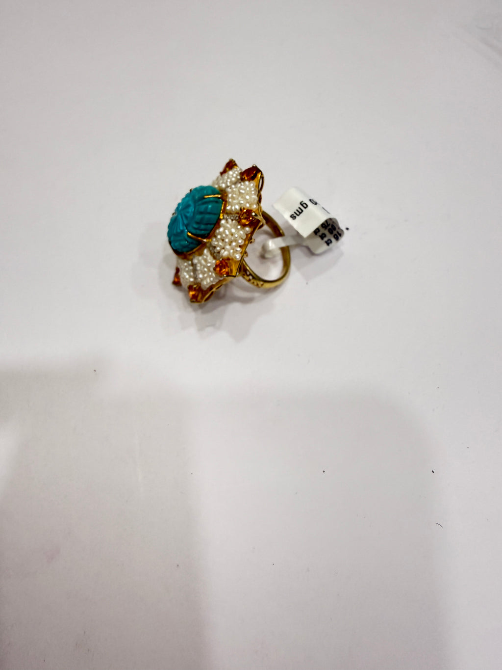 Carved Turquoise, Seed Pearl & Mandarin Garnet Diamond Ring in Gold-Plated Silver