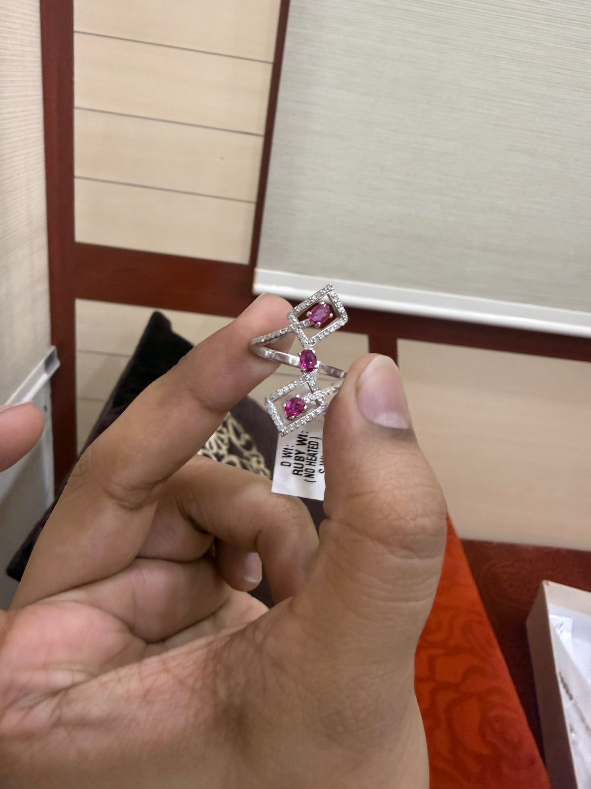 Unheated Ruby & Diamond Geometric Triple-Rectangle Ring in Sterling Silver