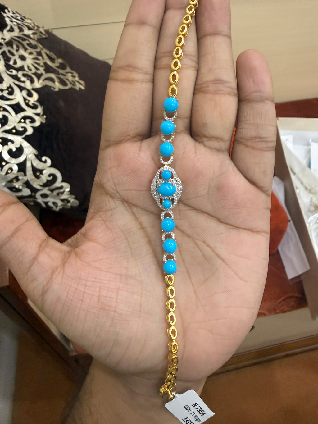 Turquoise Cabochon & Diamond Bracelet in Gold-Plated Silver