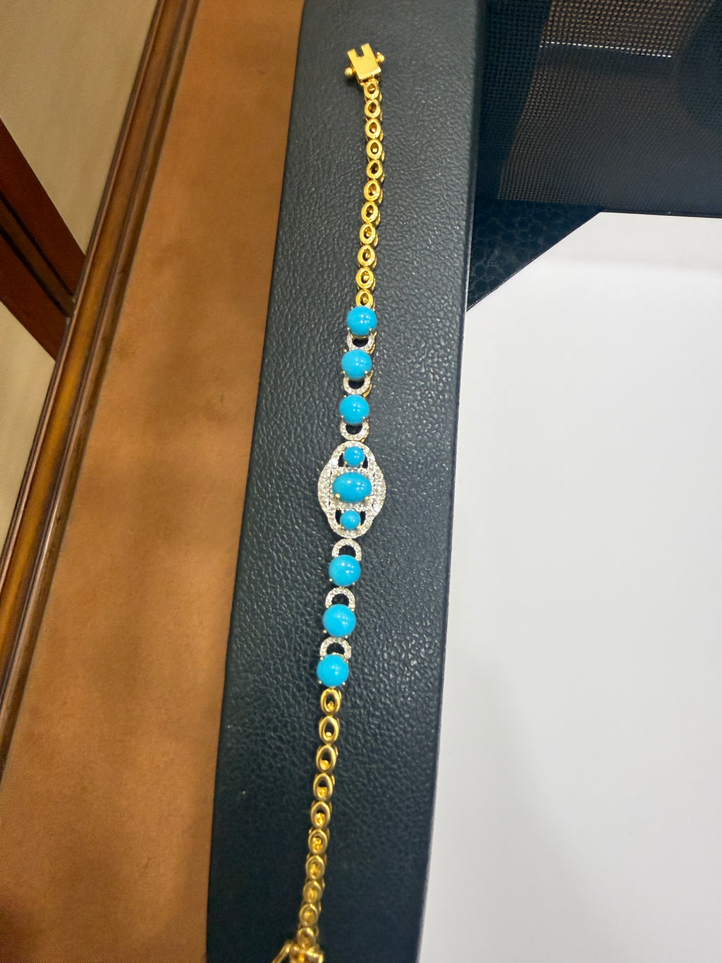 Turquoise Cabochon & Diamond Bracelet in Gold-Plated Silver