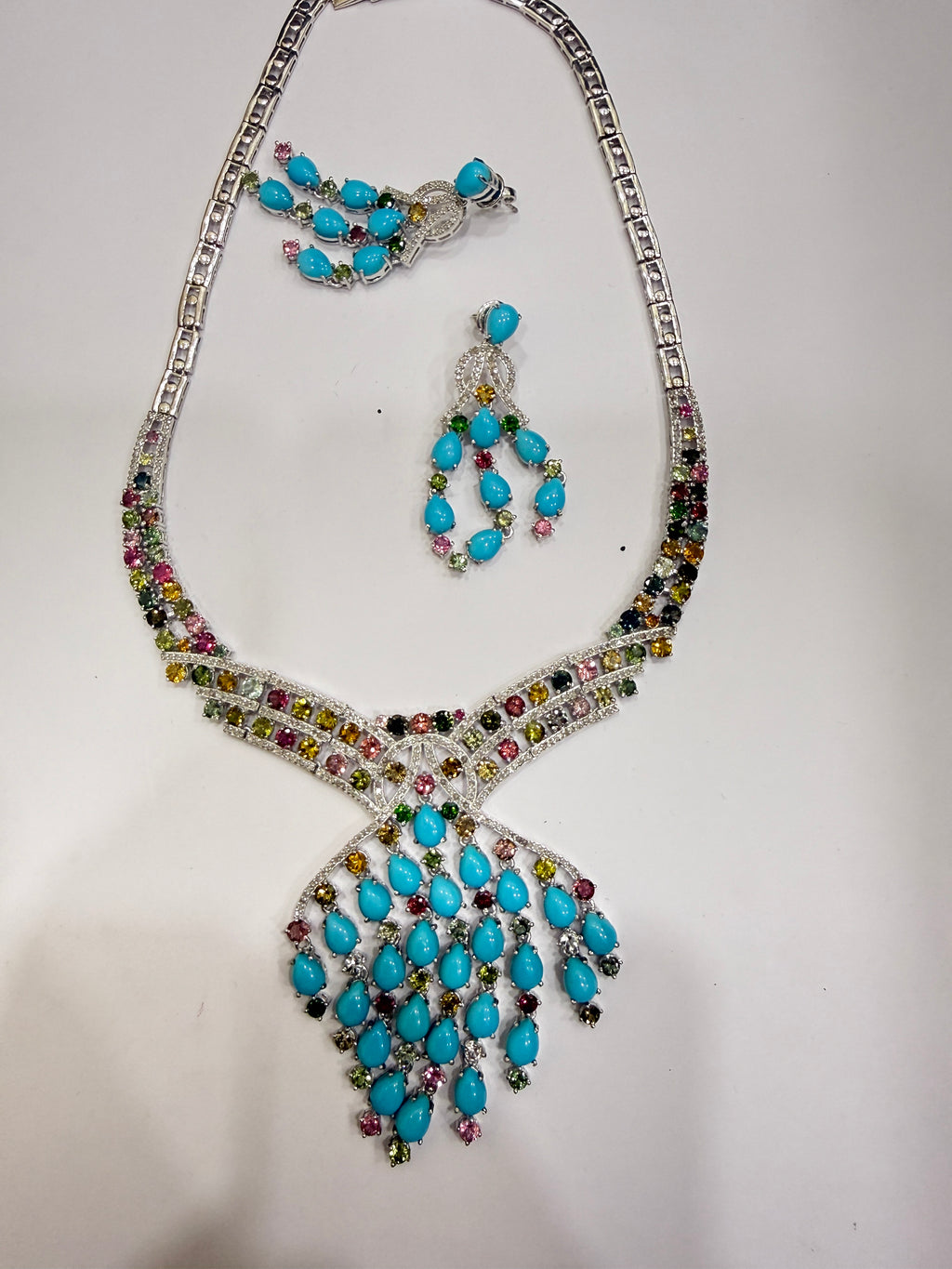 Turquoise, Multi-Colour Tourmaline & Diamond Necklace & Earring Set in Sterling Silver