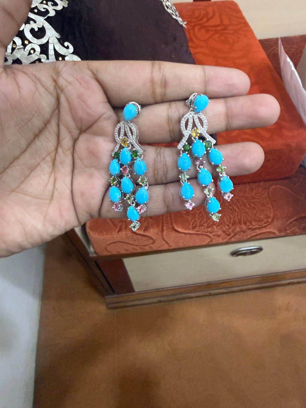 Turquoise, Multi-Colour Tourmaline & Diamond Necklace & Earring Set in Sterling Silver