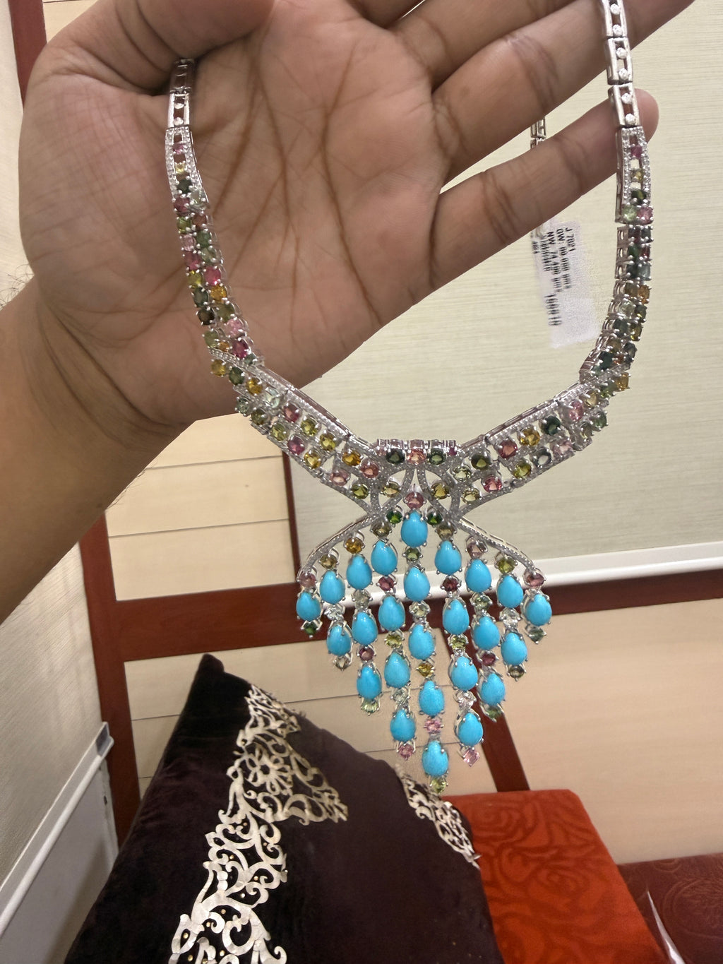 Turquoise, Multi-Colour Tourmaline & Diamond Necklace & Earring Set in Sterling Silver