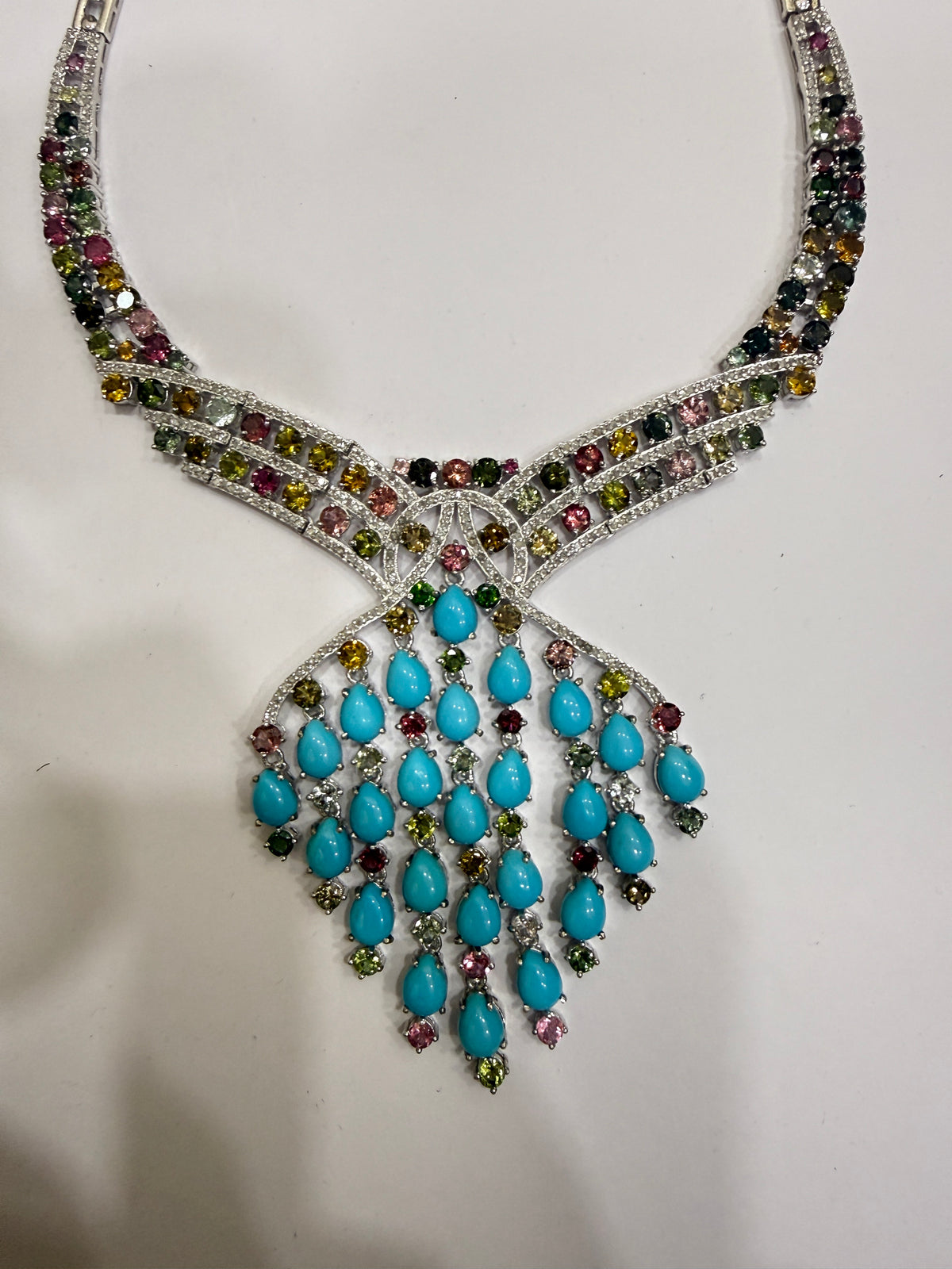 Turquoise, Multi-Colour Tourmaline & Diamond Necklace & Earring Set in Sterling Silver