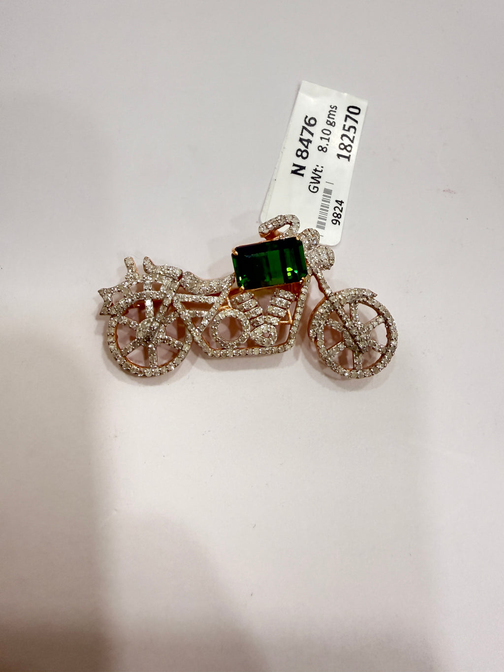 Green Tourmaline & Diamond Motorcycle Brooch – N8476