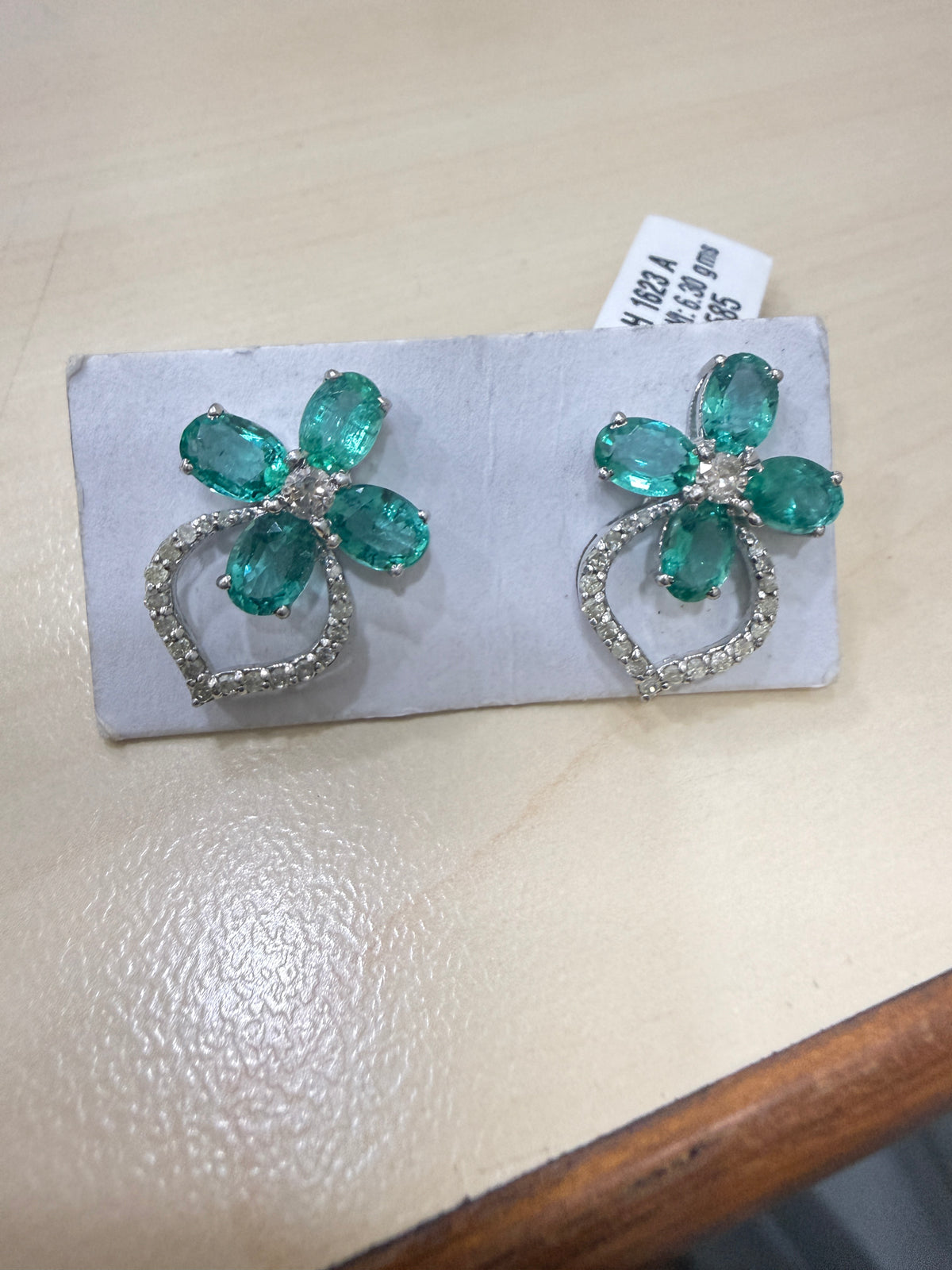 Emerald & Diamond Flower Stud Earrings – H1623A