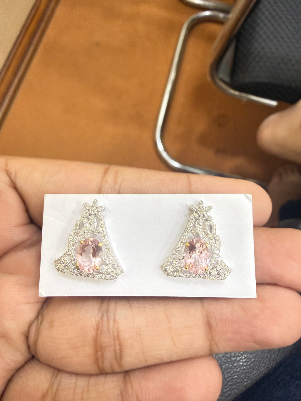 Pink Morganite & Diamond Triangular Stud Earrings – N6856