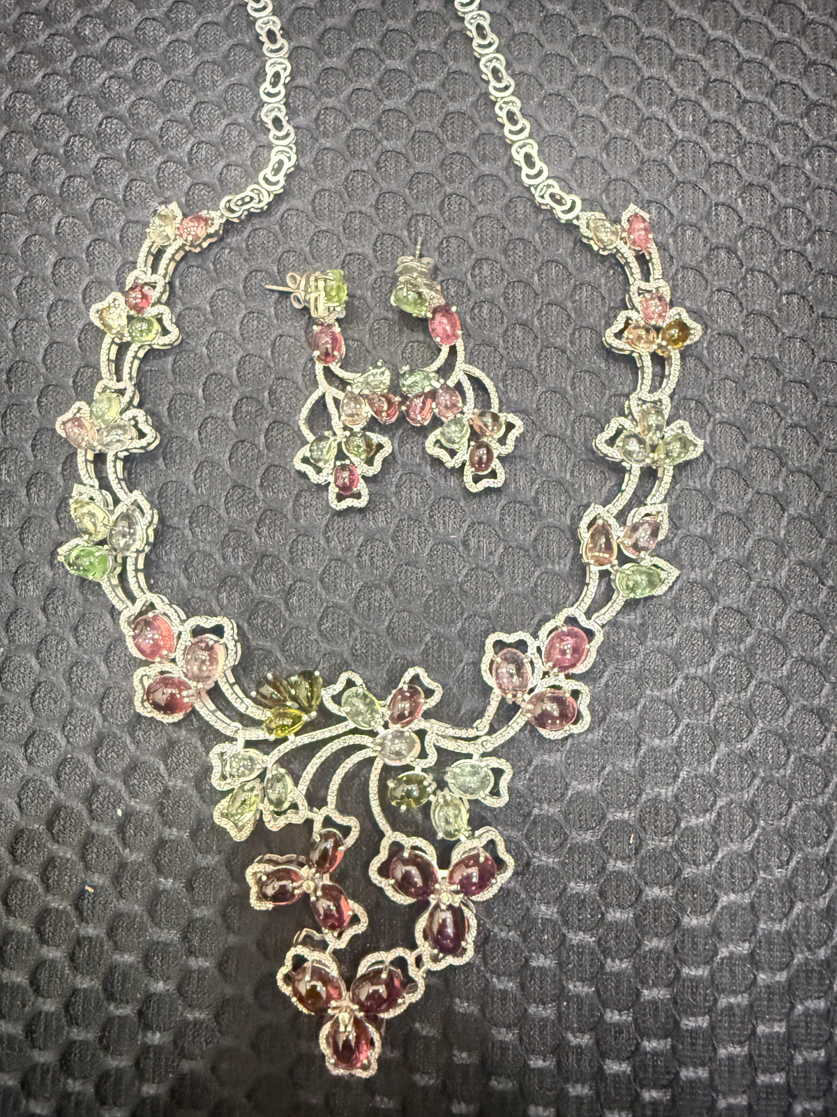 Multi-Tourmaline & Diamond Floral Necklace & Earring Set – N1186