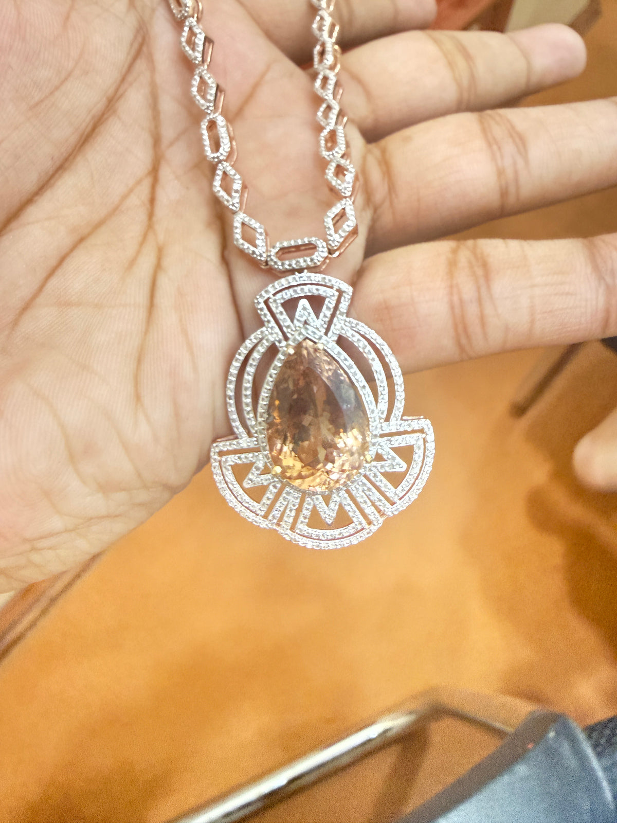 Pink Morganite & Diamond Art Deco Pendant Necklace – N8717