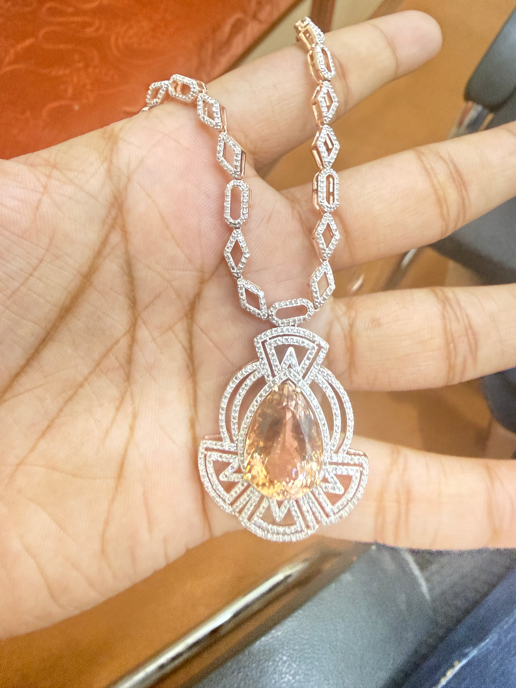Pink Morganite & Diamond Art Deco Pendant Necklace – N8717