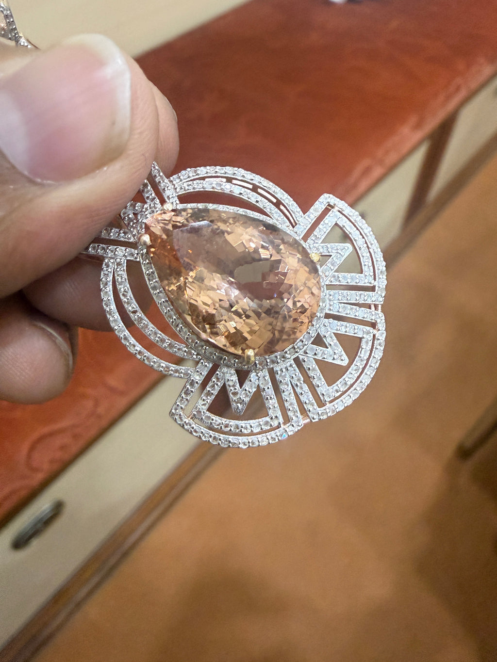 Pink Morganite & Diamond Art Deco Pendant Necklace – N8717