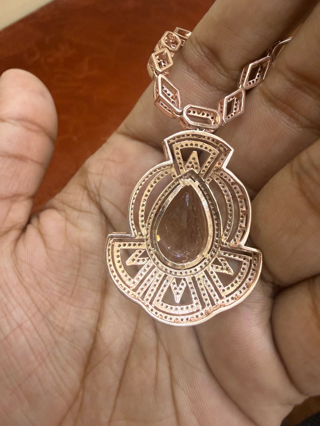 Pink Morganite & Diamond Art Deco Pendant Necklace – N8717