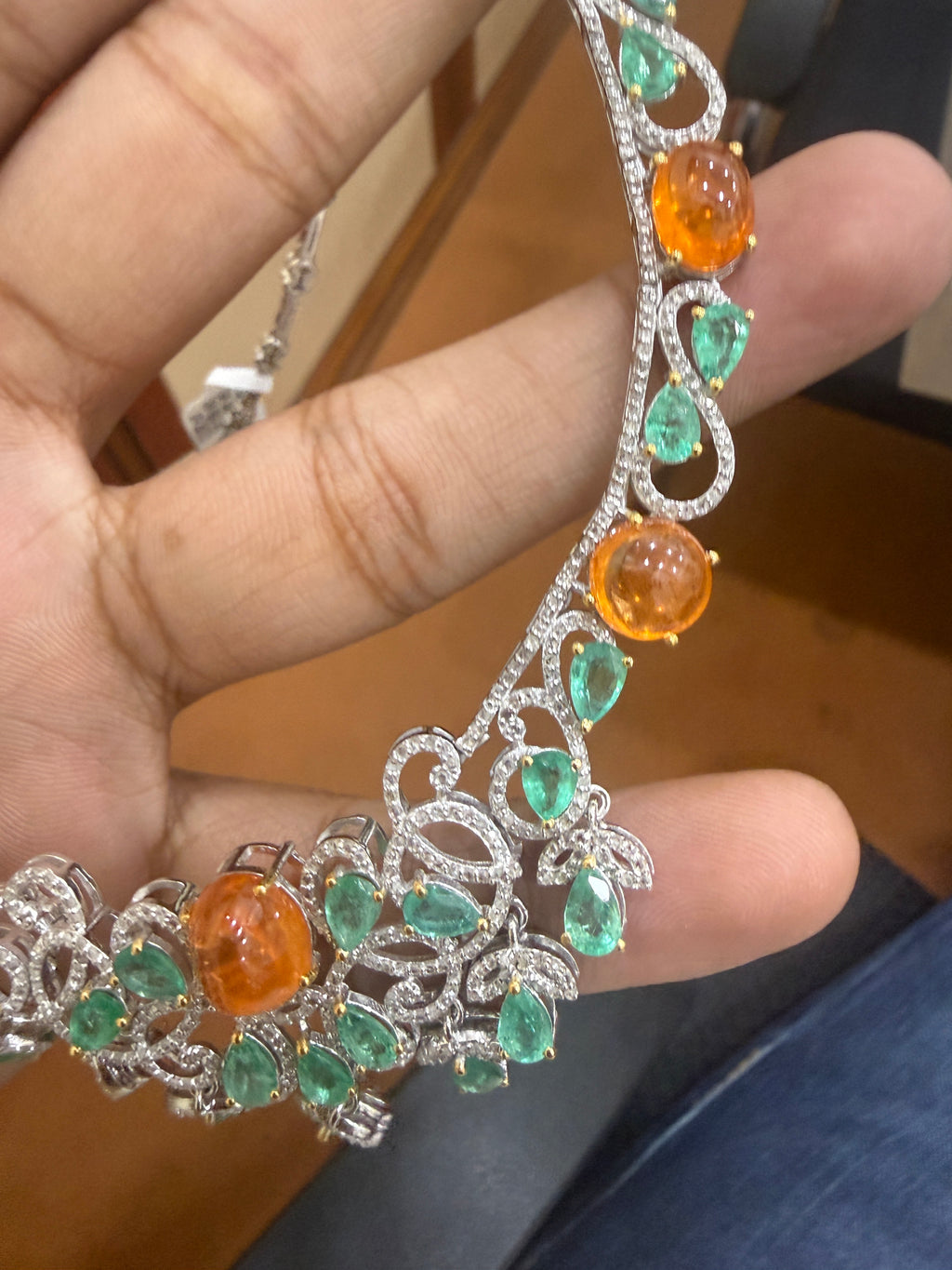 Fanta Garnet, Emerald & Diamond Floral Necklace – N6260